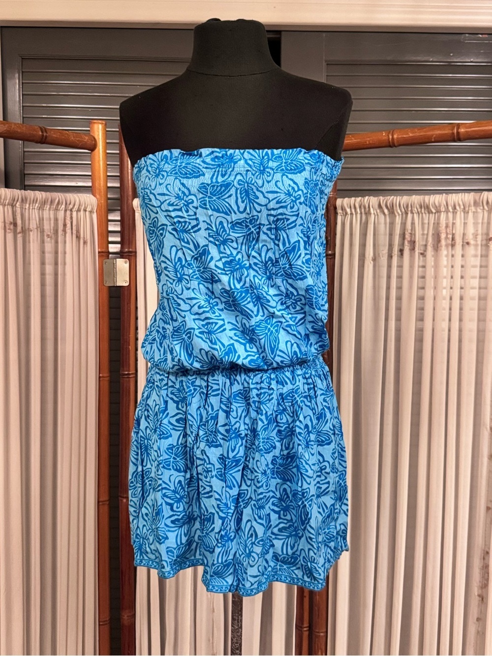 Blue Butterfly Print Strapless Mini Dress